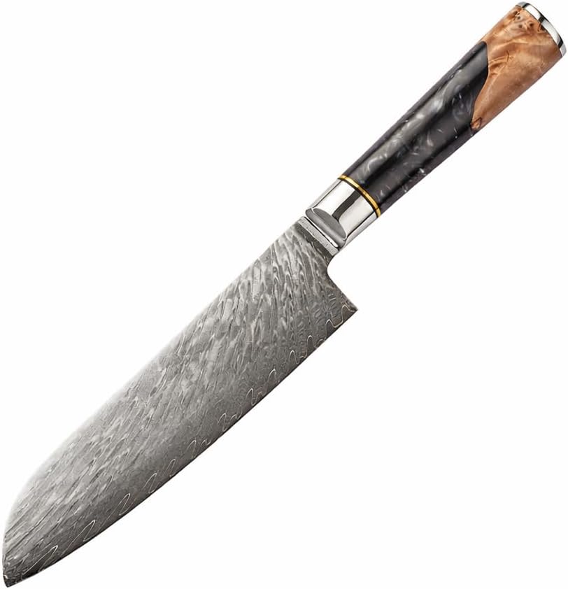 Epicurean Cook 7 Inch Santoku Kitchen Knife VG10 High Carbon Steel, 67 Layer Damascus Japanese Kitchen Knife, Professional Hollow Edge Chef Knife, Black Resin Burl Wood Handle