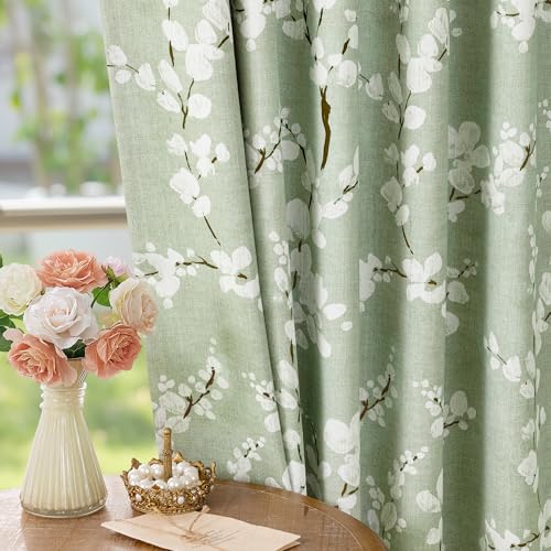 FMFUNCTEX 100% Blackout Floral Curtains for Bedroom, Sage Green Curtains