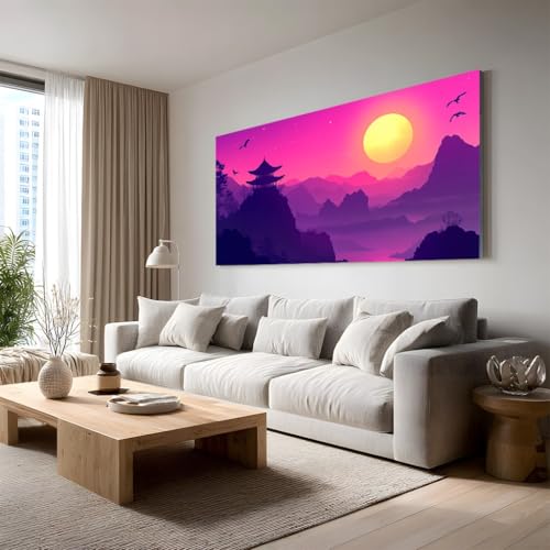 Tableau deco salon japonais pagode grand format 50x100cm lever de soleil