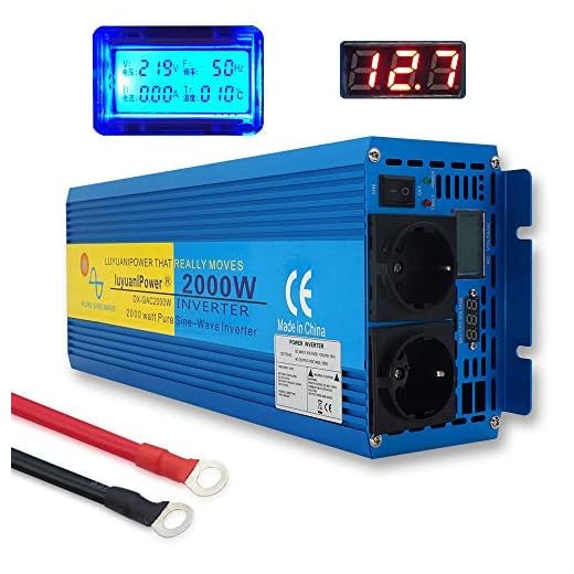 Yinleader Spänningsomvandlare 2 000 W 12 V 230 V ren sinus växelriktare LED LCD power inverter med 2 uttag och LCD-skärm, för bil, husvagn, båt, camping, resor