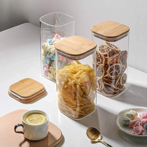 Image of MARTVIA Glass Food Storage Jars with Bamboo Lids 1500ml Set of 4, Wide Mouth Lid Jar for Home Kitchen,Flour, Sugar, Coffee, Pasta, Oats, Grains, Cookies, Snacks (Sqaure 1500 ML Jar, SET OF 4)
