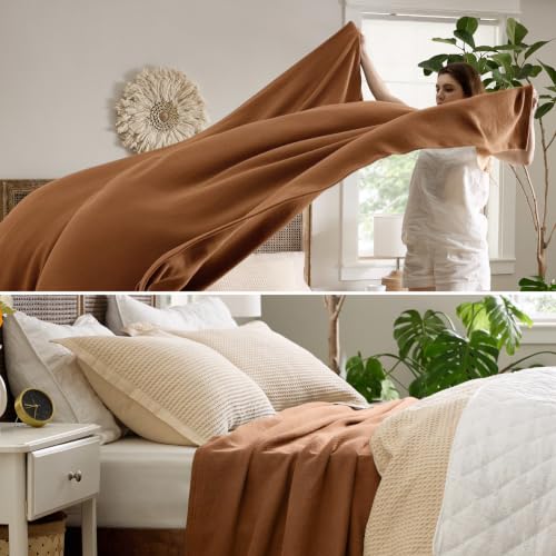Image of Bedsure 100% Cotton Blanket, Herringbone Weave, Queen Size, Burnt Orange