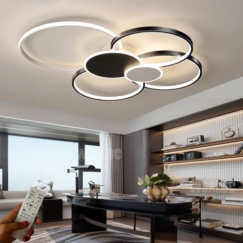 WSXEDC Dimmable LED 6 Ring Living Room Light LED Ceiling Light Modern Black-White Creative Ceiling Lighting Interior Ceiling Spots Eye Care for Bedroom Office Dining Room Youth Room L80cm 71W