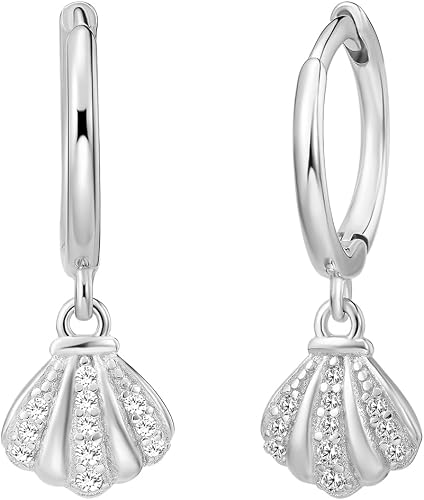 Dainty Shell Dangle Hoop Earrings for Women, Small Huggie Hoops with CZ Seashell