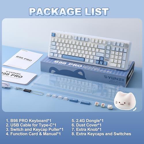 YUNZII B98 PRO QMK/VIA Wireless Mechanical Gaming Keyboard, 96% Layout with Numpad and Cute Cat Knob, BT/2.4G/USB-C, Pre-Lubed Switch Hot Swap Gasket, RGB for Win/Mac (Blue, Candy Linear Switch) — view 8