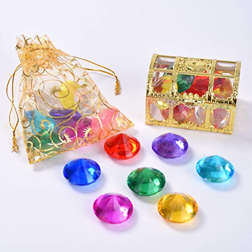 Hercugifts Diving Gem Pool Toy 9 Diamond Set with Treasure Pirate Box and Golden Mesh Bag Summer Swimming Gem Pirate Diving Toys (Golden)