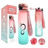 Live Infinitely 34 oz BPA Free Water Bottle with Time Marker, Fruit Infuser Screen & Shaker Blending Ball - Locking Flip Top Lid & Durable Rubberized Bottle Coating (Reef, 34 Ounce)