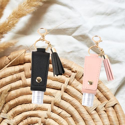 Image of 2PCS Hand Sanitizer Travel Size Keychain, Portable Hand Sanitizer Keychain with Plastic Empty Squeeze Bottle for Toiletry Shampoo Lotion Soap (Black+Pink)