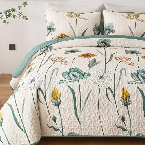 Juego de edredón Queen verde aqua colcha ligera botánica de 3 piezas 7