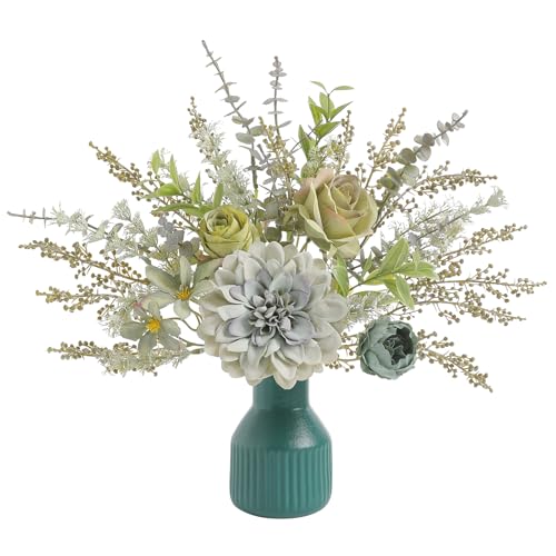 rongflower Artificial Flowers in Ceramic Vase, Green Faux Flowers with