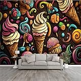 3D Wallpaper Cartoon Hand Drawn Ice Cream Doodles Seamless Pattern Cones Cupcakes Self Adhesive Bedroom Living Room Dormitory Decor Wall Mural Stick and Peel Background Wall Ceiling Wardrobe Sticker