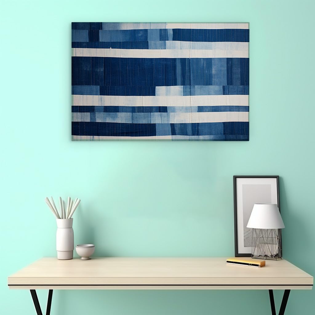 Canvas for Living room. Exploring the Intricate Depths of a Serene Blue and White Patchwork Quilt, 27 x 18 inch Canvas Wall Art - Ready to Hang