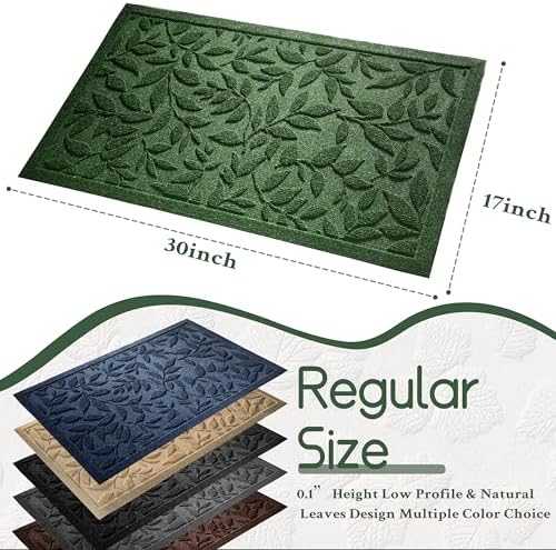 Green Leaves Outdoor Indoor Entrance Door mat, Absorbent Durable Heavy Duty Welcome Front Door Mat,Thick Natural Rubber Back,Easy Clean Entryway Mat 17x30 Inch, Low Profile