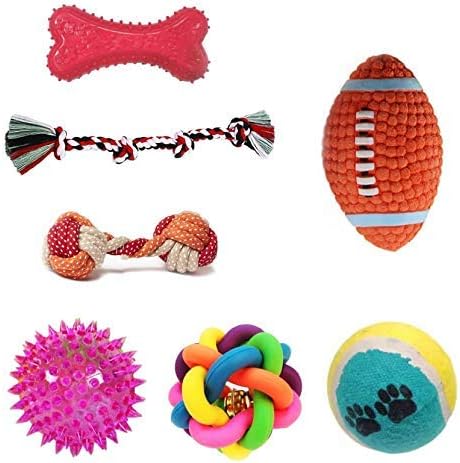 PSK PET MART 7 in 1 Puppy Toys Combo/Led Ball/Rainbow Ball/Tennis Ball/Red Squeaky Bone/4 Knot/Rope Dumbell/Latex Rugby |