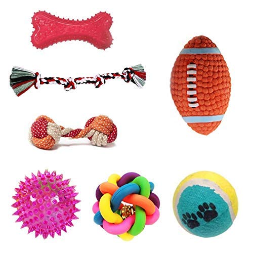 PSK PET MART 7 in 1 Puppy Toys Combo/Led Ball/Rainbow Ball/Tennis Ball/Red Squeaky Bone/4 Knot/Rope Dumbell/Latex Rugby |