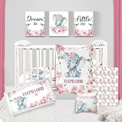Duckbe Personalized Baby Crib Bedding Set: Custom Baby Girl Crib Bedding Set Nursery Blanket Crib Sheet Changing Pad Cover Pillow with Pink Floral Elephant