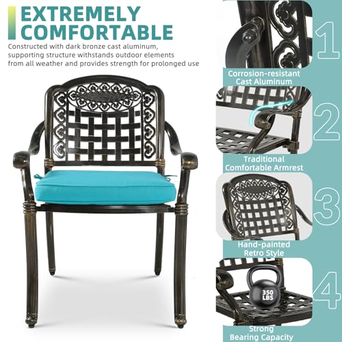 Image of MEETWARM 7-Piece Outdoor Furniture Dining Set, All Weather Cast Aluminum Patio Garden Set with 6 Chairs, 6 Cushions, 1 Rectangular Table, 2 inch Umbrella Hole, Dark Bronze, Ocean Blue