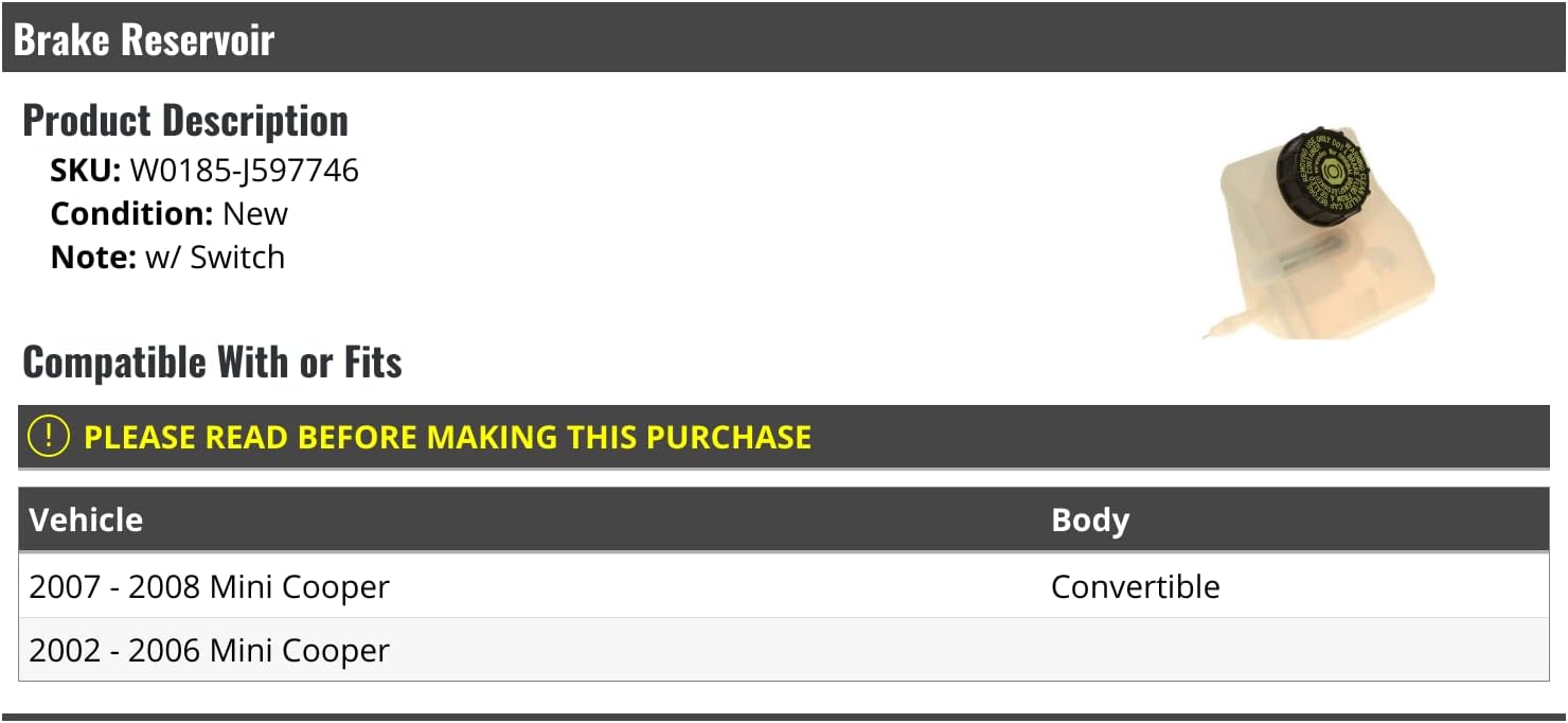 Marketplace Auto Parts Brake Reservoir - Compatible with 2002-2008 Mini Cooper