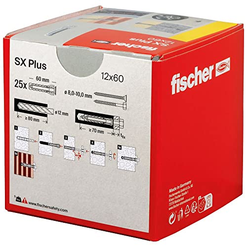 fischer 568012 SX Plus Expansion Wall Plug, 12mm x 60mm, Pack of 25, Grey, 12x60 - Image 3