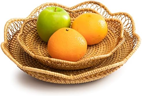 Fruit And Vegetable Storage Round Wicker Baskets Rattan Set 2 For Serving Potatoes Onions Bread Decor Basket Stackable Fruit Holder For Kitchen Countertop Organizing Bathroom Toys Craft (Honey Brown)