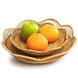 Fruit And Vegetable Storage Round Wicker Baskets Rattan Set 2 For Serving Potatoes Onions Bread Decor Basket Stackable Fruit Holder For Kitchen Countertop Organizing Bathroom Toys Craft (Honey Brown)