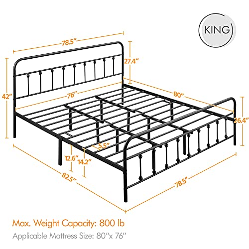 Yaheetech Classic Metal Platform Bed Frame Mattress Foundation With Victorian Style Iron-Art Headboard/Footboard/Under Bed Storage/No Box Spring Needed/King Size Black #TOP1