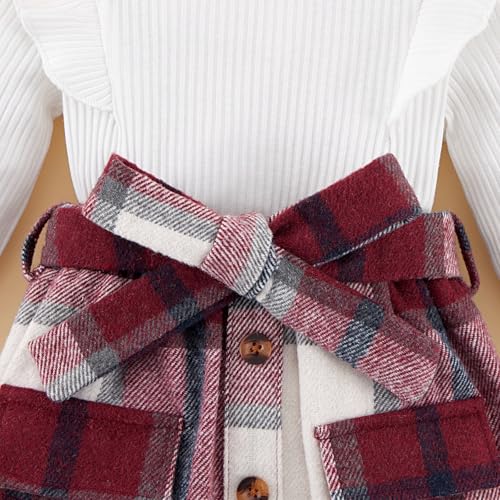 Image of Weixinbuy Toddler Girl Fall Winter Clothes Solid Long Sleeve Ribbed T-Shirt Knit Tops Plaid Button Mini Skirts Set Outfits