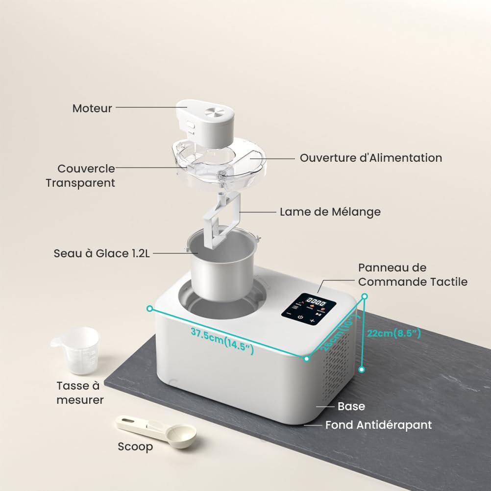 Sorbetiere Turbine a Glace avec Compresseur 1,2L, Sorbetière Electrique Auto-refroidissan, Machine a Glace pour Faire Sorbets/Crème Glacée/Gelato