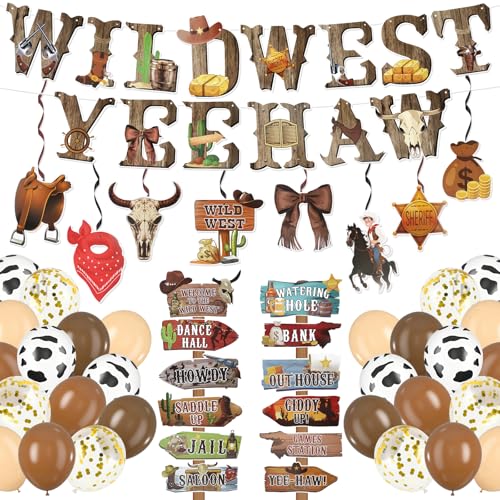 51Pcs Western Party Decorations with Wild West Banner Hanging Swirls Direction Sign Balloons for Cowboy Birthdays Theme Party Decor Country Western Gatherings (Style-2)