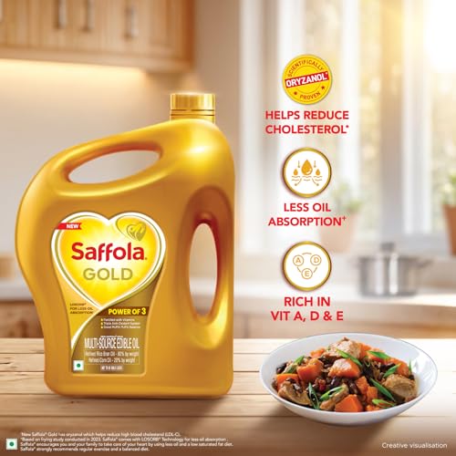 Image of Saffola Gold Refined Cooking oil | Power of 3 - Balance of Good Fats, Triple Anti-Oxidant System & Fortified with Vitamins | Multi-Source Edible Rice Bran & Corn Oil | 3.64kg Jar (Pack of 3)