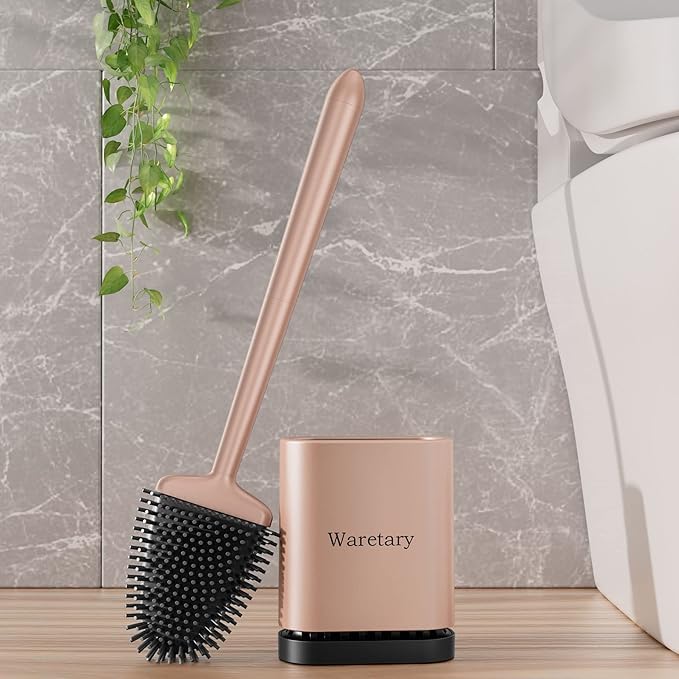 Waretary Klobürste Silikon,WC Bürste & Klobürstenhalter, Weiche und Flexible Toilettenbürste mit Langem Griff, Schnell trocknende Wandmontage & Stehend für Badezimmer (Gold)
