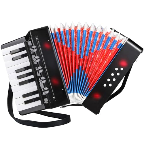 Kinder Akkordeon mit 17 Tasten & 8 Bässen Piano Ziehharmonika mit Einstellbare Trageriemen für Erwachsene und Kinder ab 3 Jahre Musikinstrument für Anfänger (Schwarz)