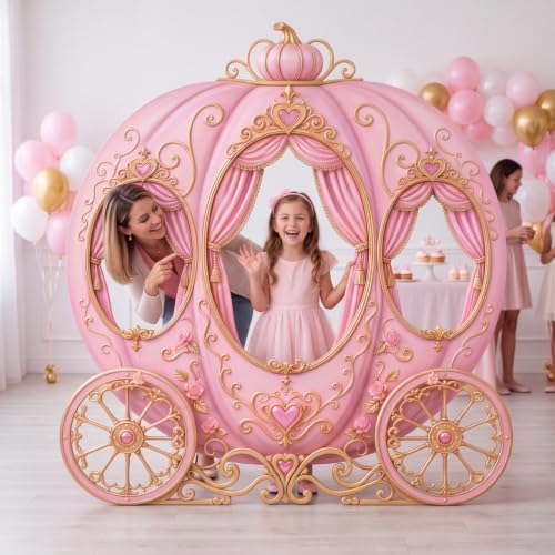 Image of Qunclay 4.5 ft Princess Carriage Cardboard Cutout Pink Fairy Tale Princess Party Decoration Life Size Photo Booth Prop Standee Stand up 3D Display Backdrop Decor for Birthday Baby Shower
