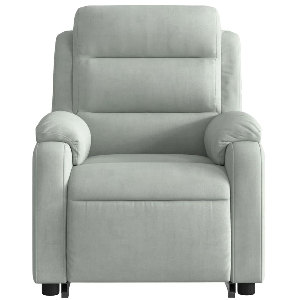 Sillón elevador reclinable gris claro de terciopelo con masaje y elevación eléctrica, función de vibración de 6 puntos, reclinación manual de 135 grados, estructura estable