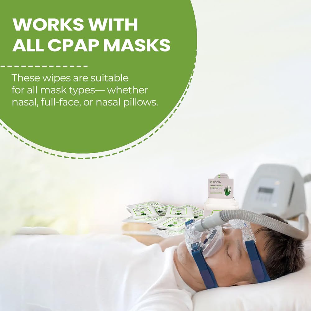 PÜRDOUX CPAP Maske Wipes, Aloe Vera (Box von insgesamt 120 Feuchttüchern in 12 wiederverschließbaren Beuteln, 10 Wischtücher pro Beutel)