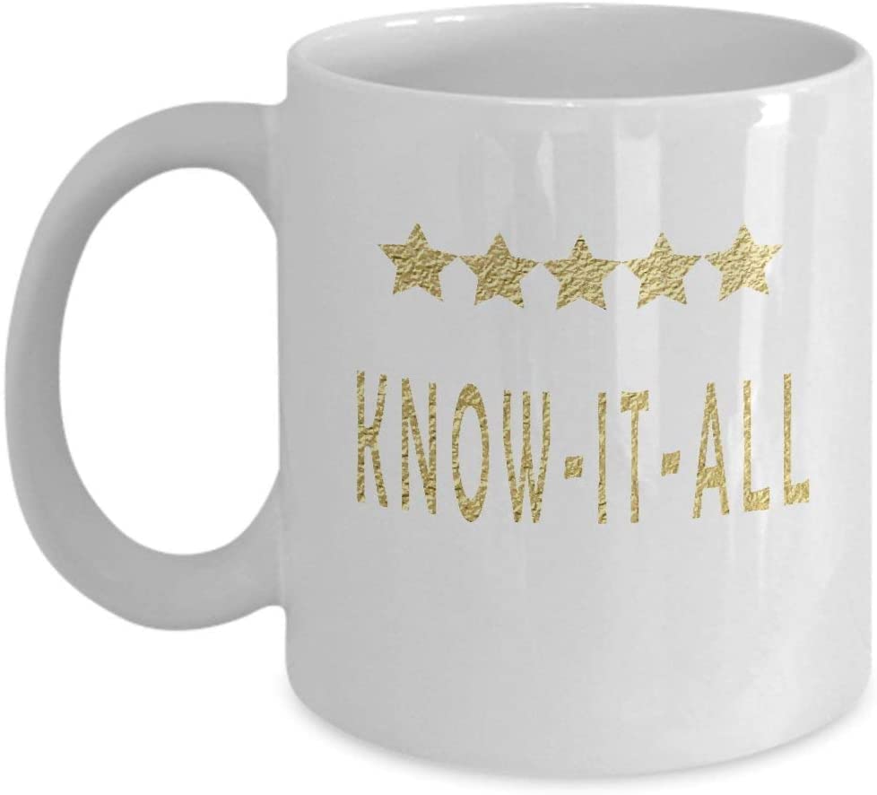 Know-It-All Five Stars Birthday, Christmas Coffee Tea Mug Unique 11oz White Ceramic Mug.