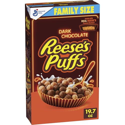 REESE'S PUFFS Dark Chocolate Cereal, Made with Real REESE'S Peanut Butter, Family Size, 19.7 oz
