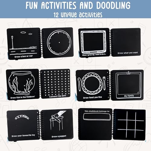 Image of Berrybee Kids Reusable Chalkboard Activity Book | 12 Erasable Learning Activities with Chalk & Holder | Portable Screen-Free Educational Travel Toy for Boys & Girls Age 4+