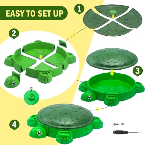 Image of Turtle Sandbox with Lid & Beach Toys Set, 38 inch Kids Sandbox for Toddlers 3-8, Indoor Outdoor Sensory Play Sand Box with Cover, Summer Gift for Ages 3-8