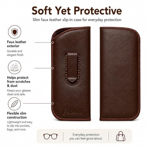 Image of Calabria Slim Faux Leather Eyeglass Case Soft Slip-In Design [Brown - 12 Pack] | Compact Protective Pouch | Soft Case for Glasses | Lightweight Sunglass Storage
