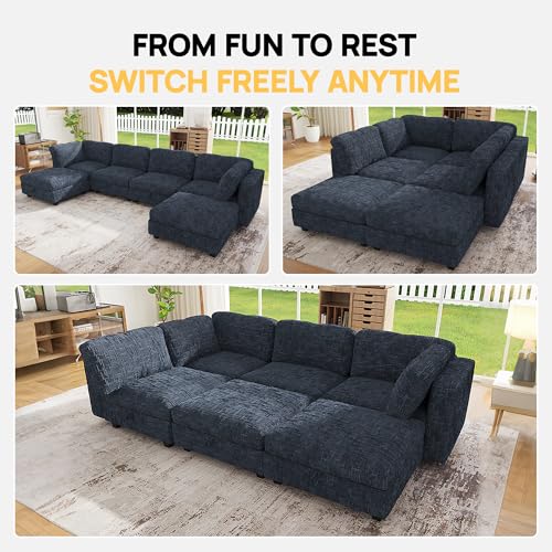 Image of 99 inch Modular Sectional Chenille Sofa bed with Hidden Storage, Comfy Modern 6 Seater Oversized Deep Seat Couch, Modular Sectional with Ottoman and Removable Cover for Living Room, Apartment, Black