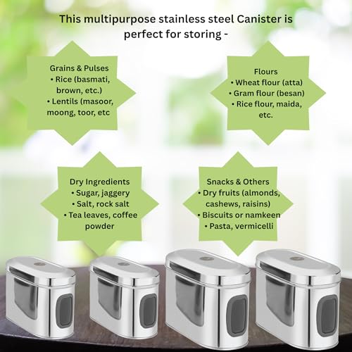 Image of Stainless Steel Capsule Food Canisters /Jars /Containers for Kitchen Storage with See Through Window - set of 4, 1850 & 2350 ml capacity, Silver