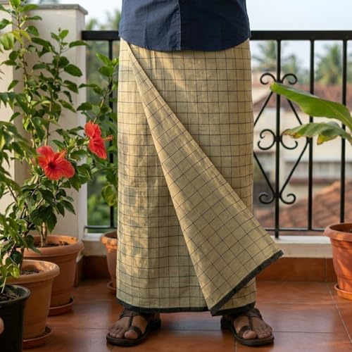 Image of Premium Pure Cotton Lungi for Men 1.98 x 1.28 Meters | Khaki Checkered Dhoti, Handwoven Ethnic Wear, Traditional Cotton Mundu, Hem-Stitched Single Lung, Comfortable Daily Use
