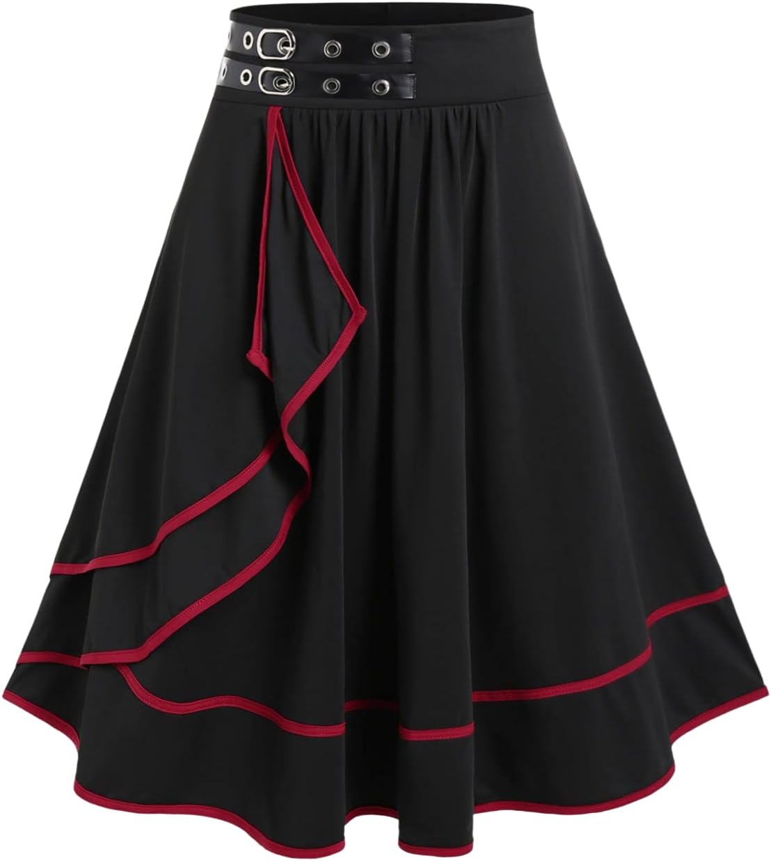 Rosegal Women's Plus Size Gothic Mini Skirt Contrast Tape Buckled Midi High Waist Elastic A-Line Skirt