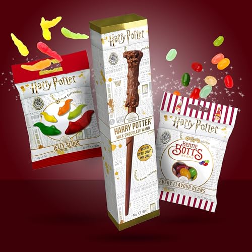 Magisches Harry Potter Süßigkeiten 3erSet: Schokoladen-Zauberstab (42g), Bertie Bott’s Bohnen (54g) & Jelly Slugs (56g) - Entdecken Sie die Köstlichkeiten der Zauberwelt von Hogwarts
