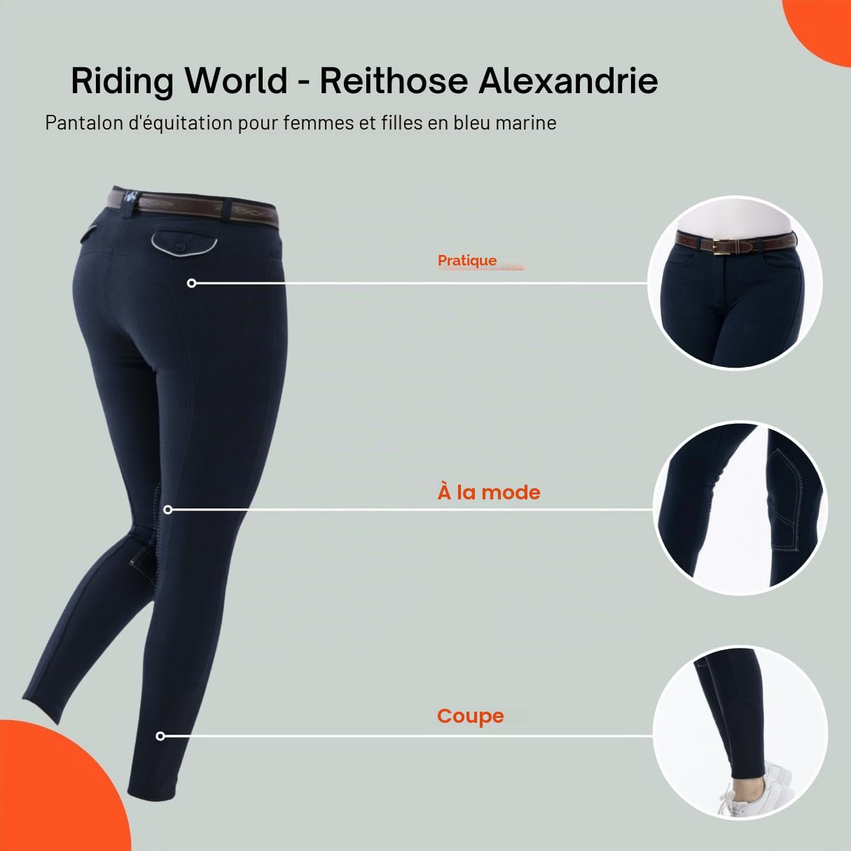 RIDING WORLD Pantalon d'équitation pour fille et garçon Alexandrie | Pantalon d'équitation avec genouillères en tissu | avec poches avant | Legging d'équitation bleu marine | Vêtements d'équitation