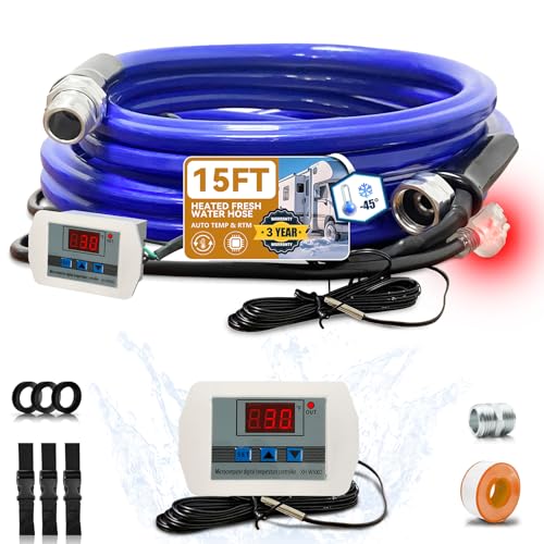 Cupohus Heated Water Hose for RV 15FT- Adjustable Temperature Control & Real-Time Monitor Freeze Protection Down to -45 for Winter Camping RV Travel Outdoor Enthusiasts 110-120V