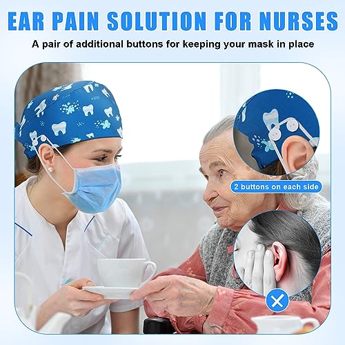 Image of Unittype 12 Pcs Dental Caps for Women Adjustable Dentist Scrub Cap Elastic Nurse Hats Teeth Pattern Working Hats Bulk