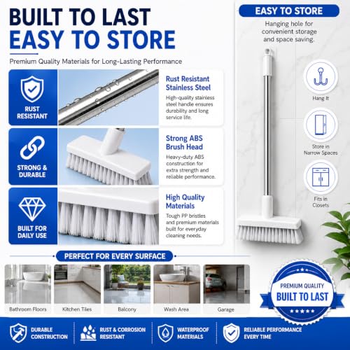 Image of Bathroom Floor Cleaning Brush with Long Handle & Wiper, 2 in 1 Floor Scrub Brush for Tiles, Bathroom, Kitchen & Wet Floor Cleaning, Hard Bristle Cleaning Broom with Stainless Steel Rod