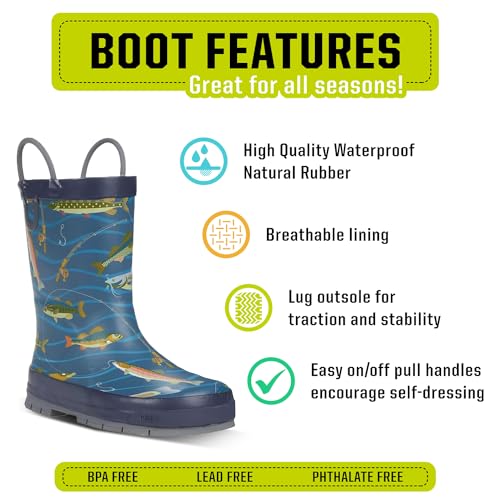 Western Chief Boys Waterproof Printed Rain Boot with Easy Pull on Handles - Gone Fishin, 2 M US Little Kid2
